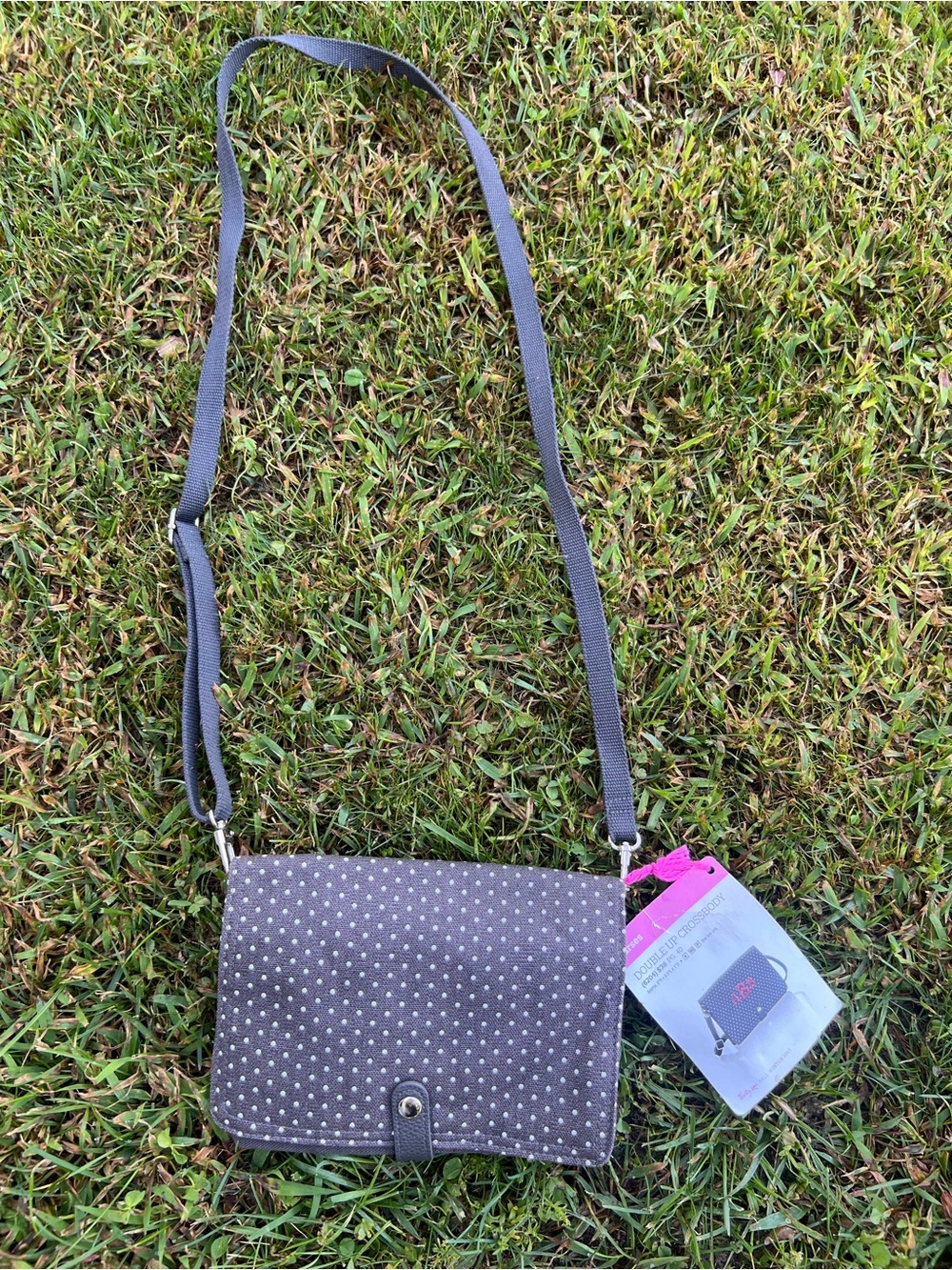 Double Up Crossbody by Thirty One- Gray Polka Dot Crossbody Bag